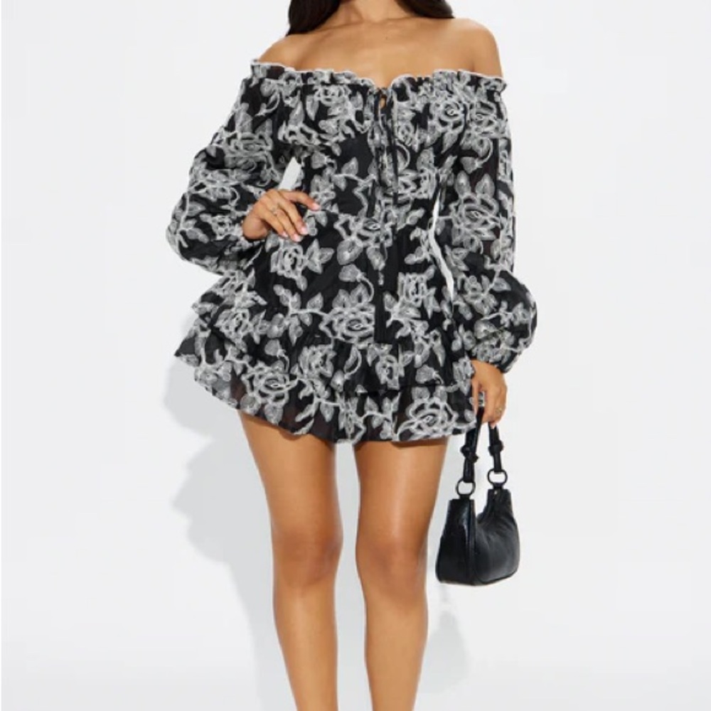 Elegant Off-Shoulder Black and White Dress